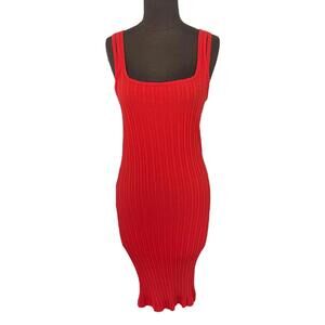 Helmut Lang Fine Rib Dress Midi Cotton Flame Red L04HW605 Women's Size Medium